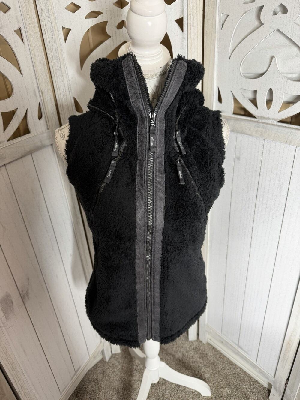 KUHL Flight Vest Hiking Fleece Stowaway Hood Black Top Full Zip Size Small
